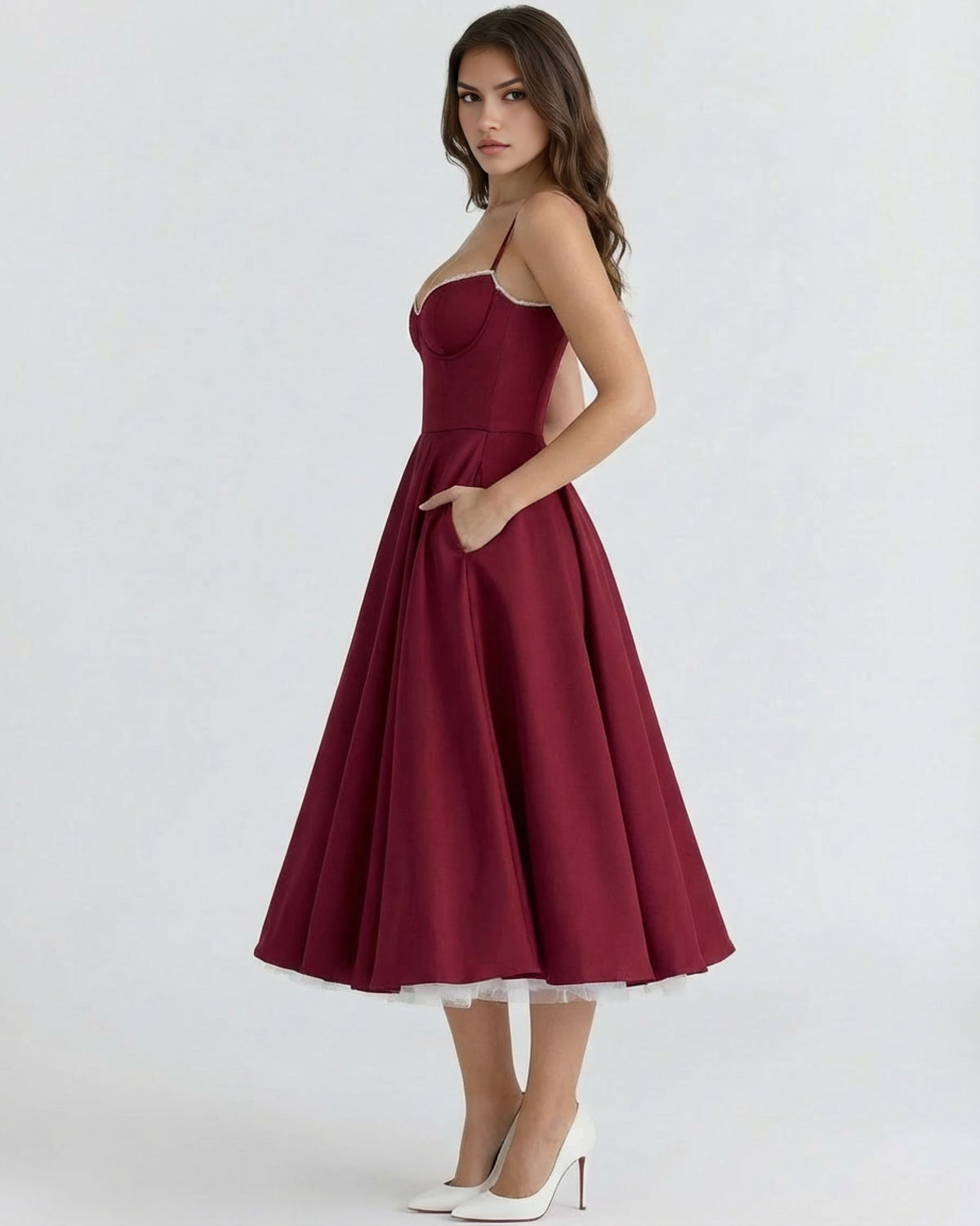 Midikleid Damen tailliert in A-Linie mit Herzausschnitt