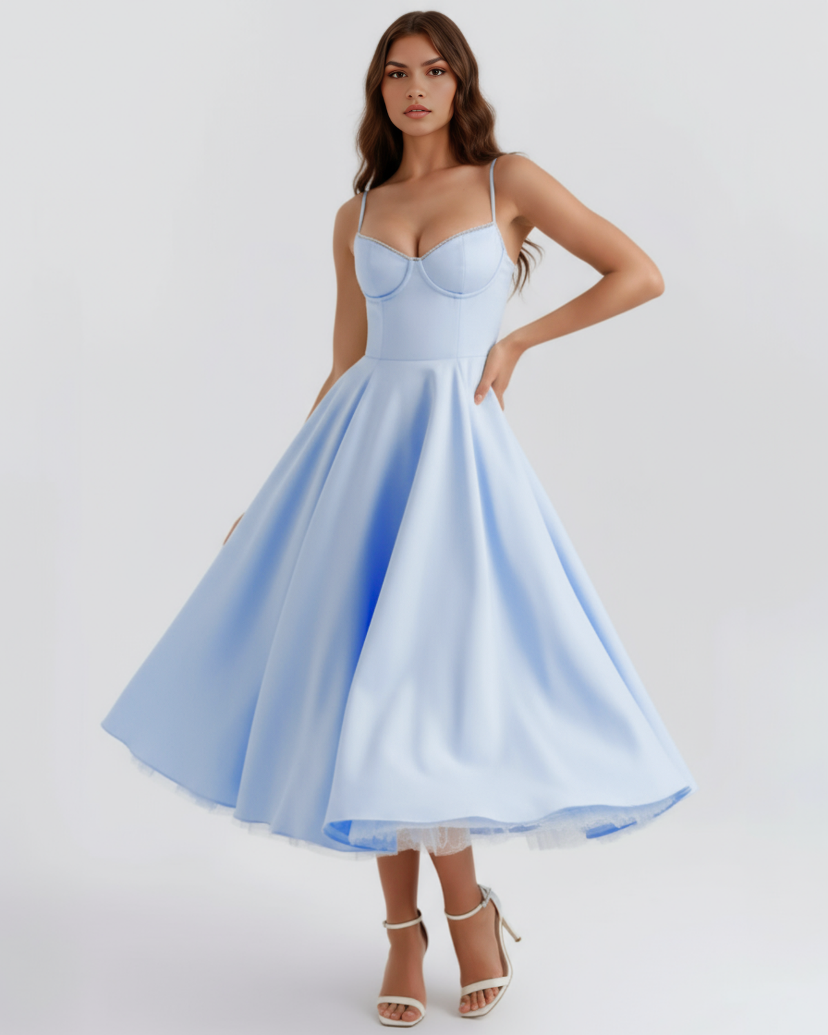 Midikleid Damen tailliert in A-Linie mit Herzausschnitt