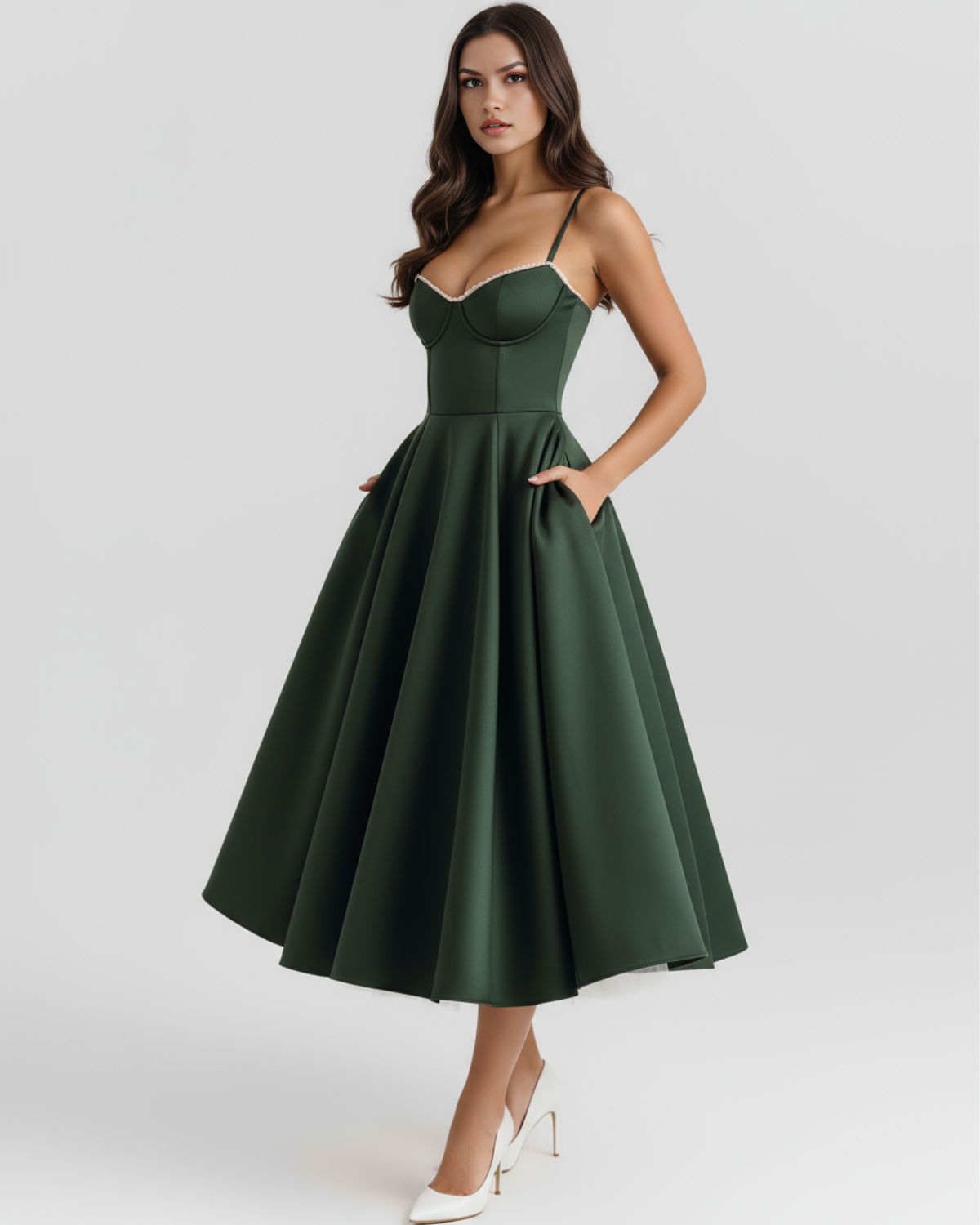 Midikleid Damen tailliert in A-Linie mit Herzausschnitt