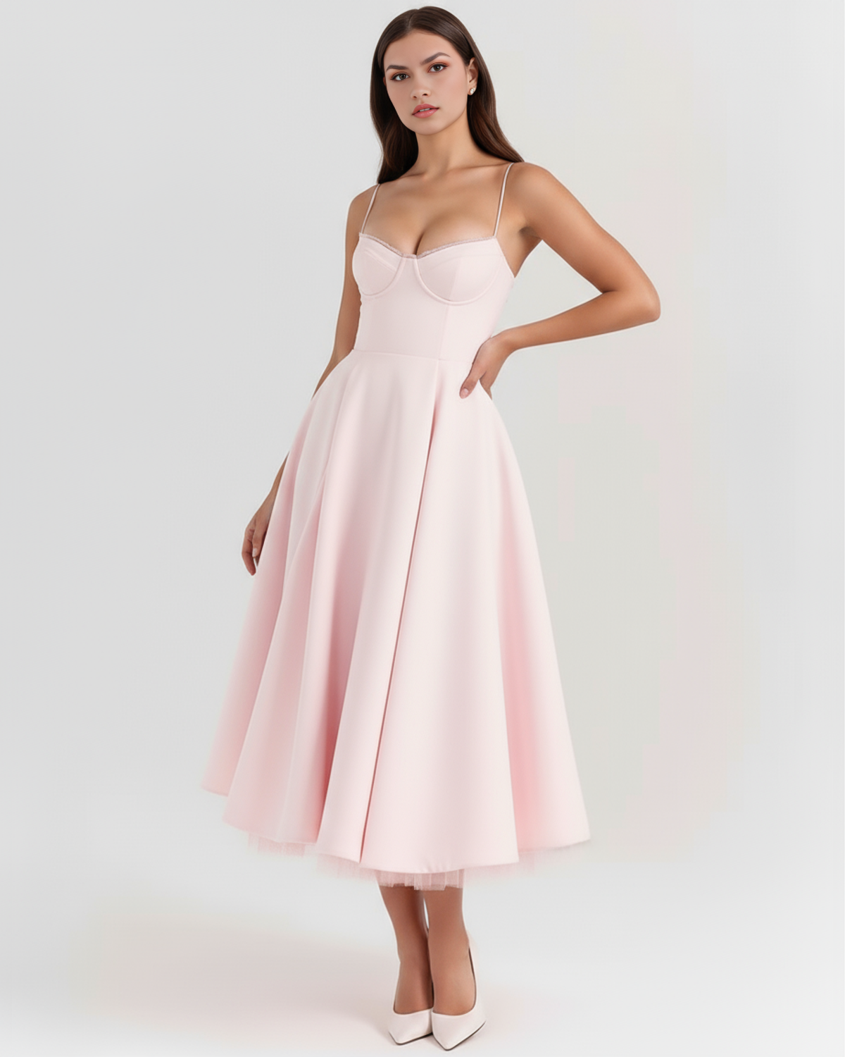 Midikleid Damen tailliert in A-Linie mit Herzausschnitt