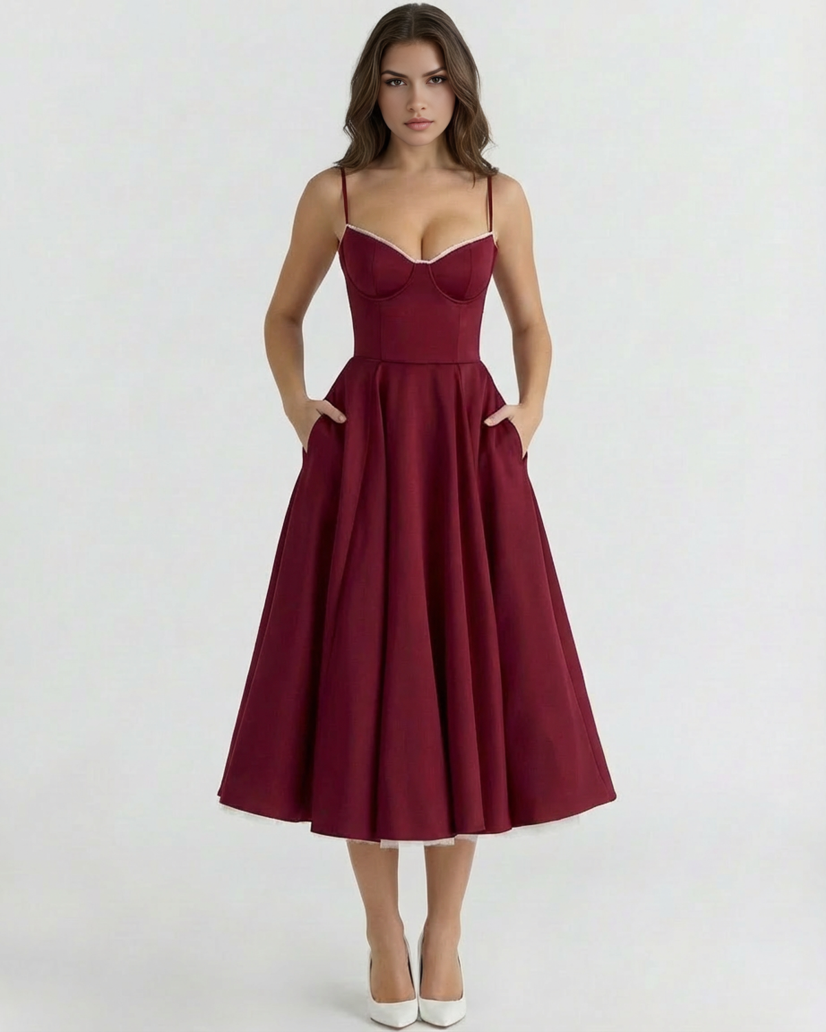 Midikleid Damen tailliert in A-Linie mit Herzausschnitt