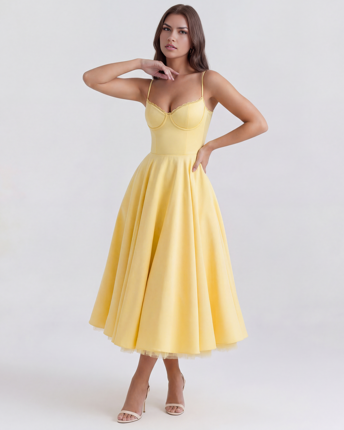 Midikleid Damen tailliert in A-Linie mit Herzausschnitt