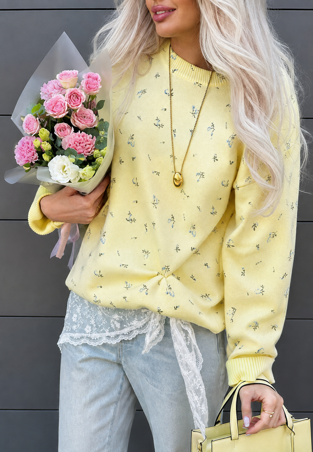 Norweger Pullover Damen aus Strick, Oversize mit Blumenmuster
