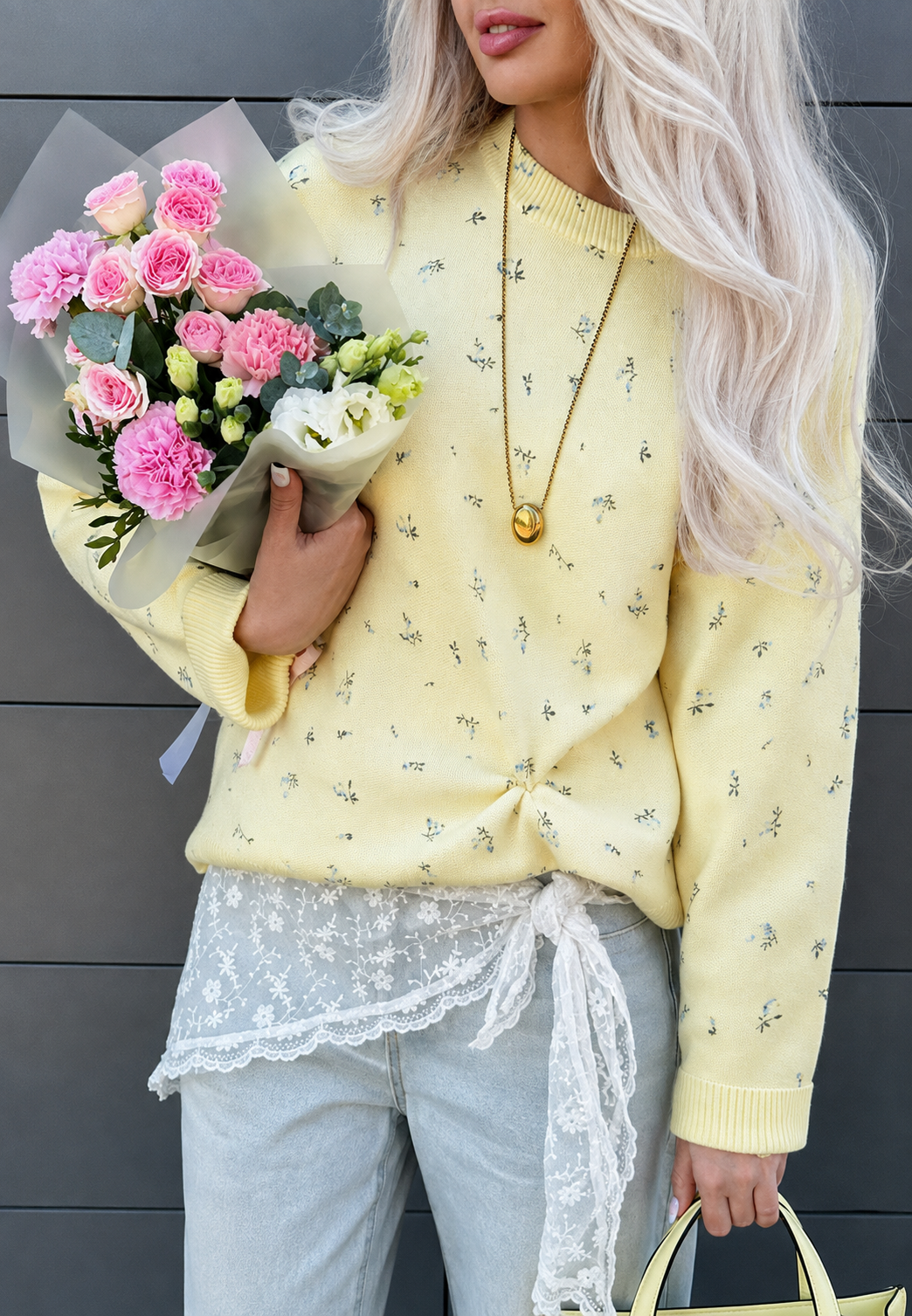 Norweger Pullover Damen aus Strick, Oversize mit Blumenmuster