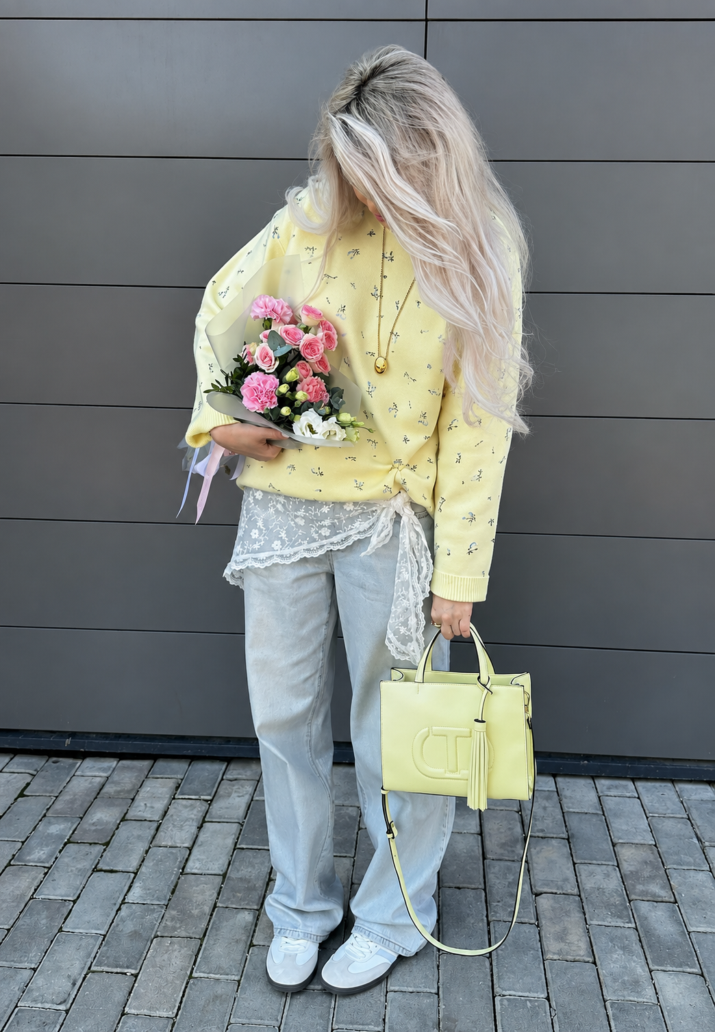 Norweger Pullover Damen aus Strick, Oversize mit Blumenmuster