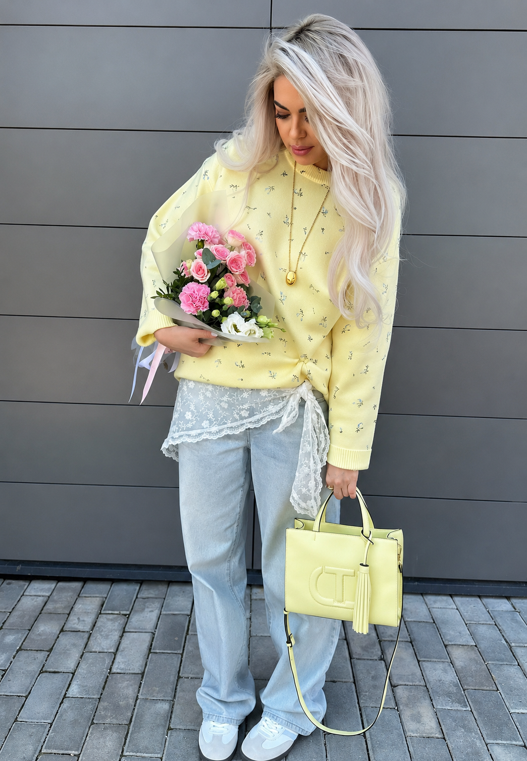 Norweger Pullover Damen aus Strick, Oversize mit Blumenmuster