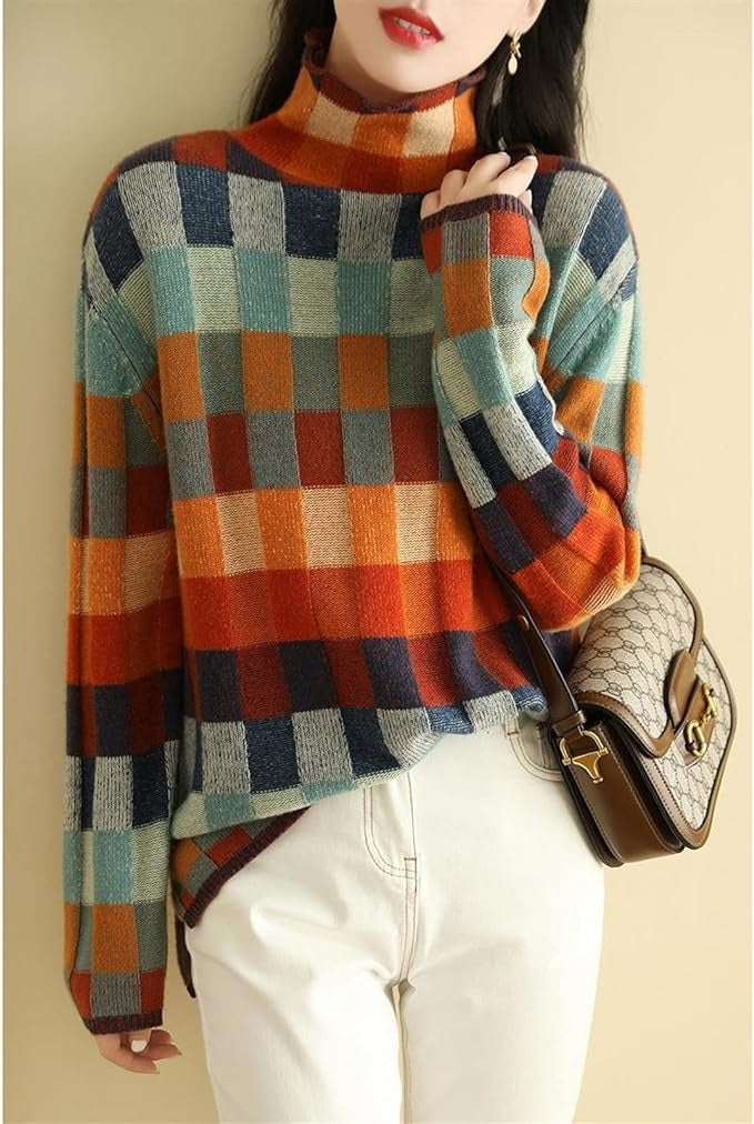 Norweger Pullover Damen im Oversize-Schnitt mit Rollkragen und Karomuster