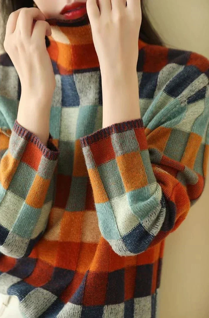 Norweger Pullover Damen im Oversize-Schnitt mit Rollkragen und Karomuster