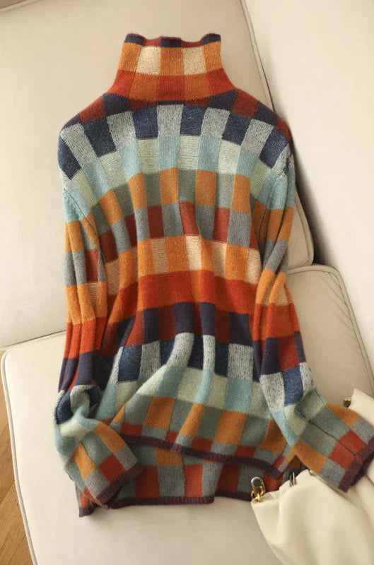 Norweger Pullover Damen im Oversize-Schnitt mit Rollkragen und Karomuster