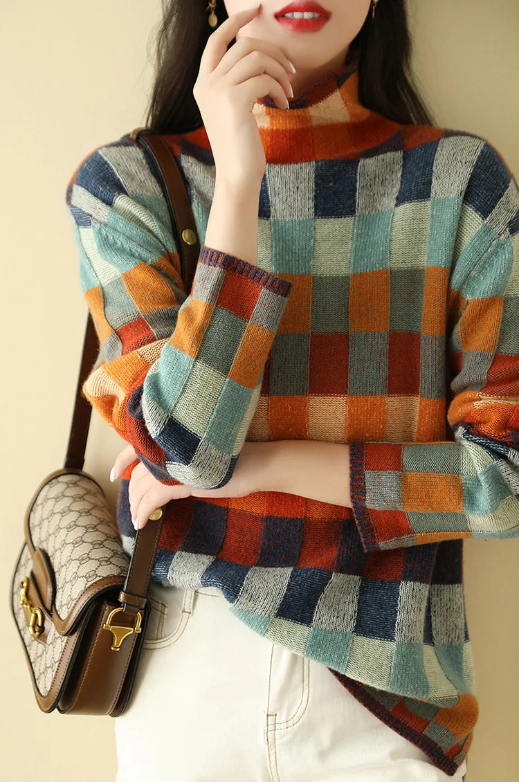 Norweger Pullover Damen im Oversize-Schnitt mit Rollkragen und Karomuster