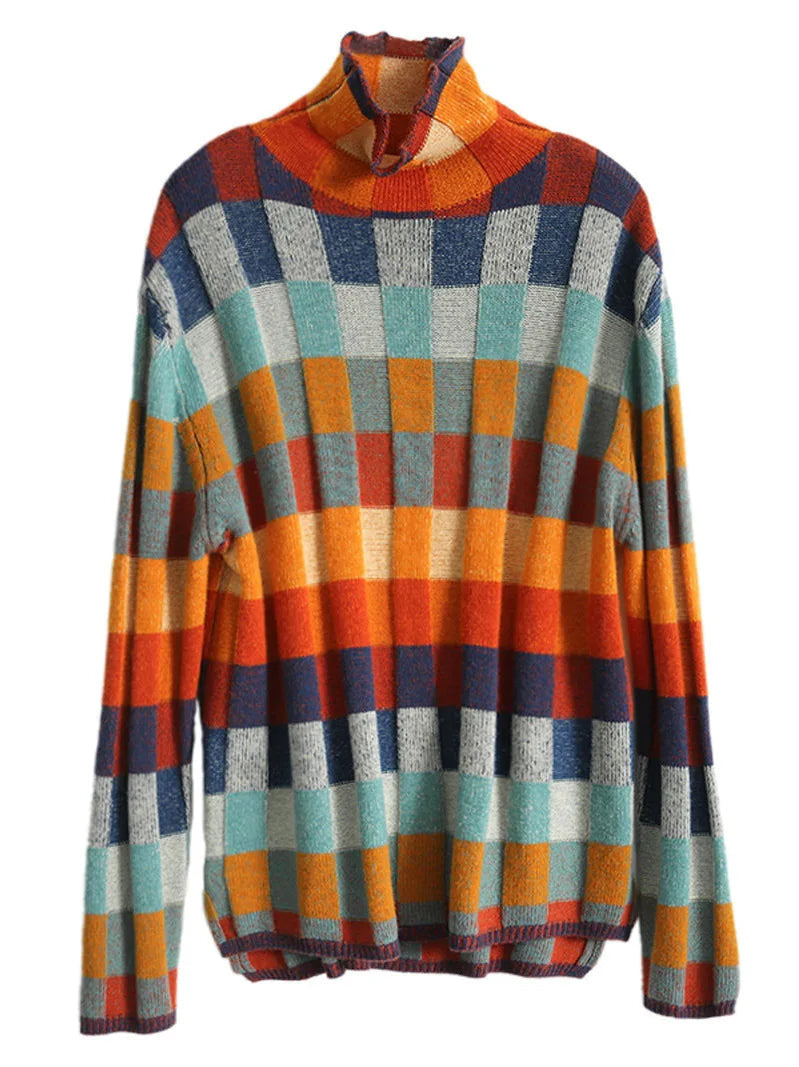 Norweger Pullover Damen im Oversize-Schnitt mit Rollkragen und Karomuster