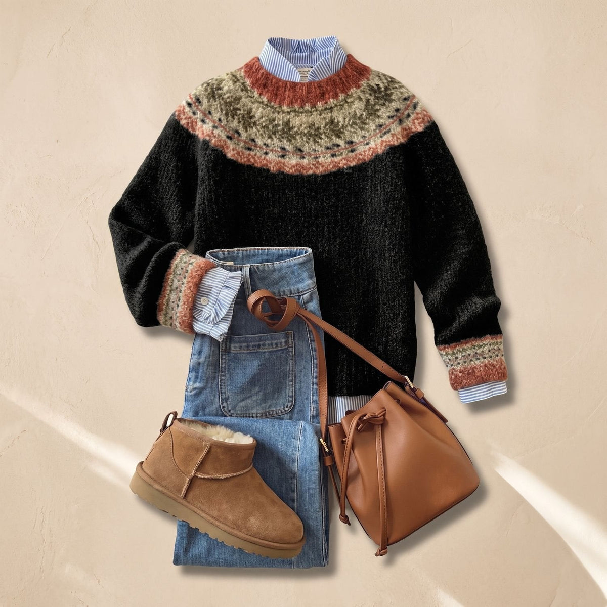Norweger Pullover Damen Oversize mit Rundhalsausschnitt, Langarm