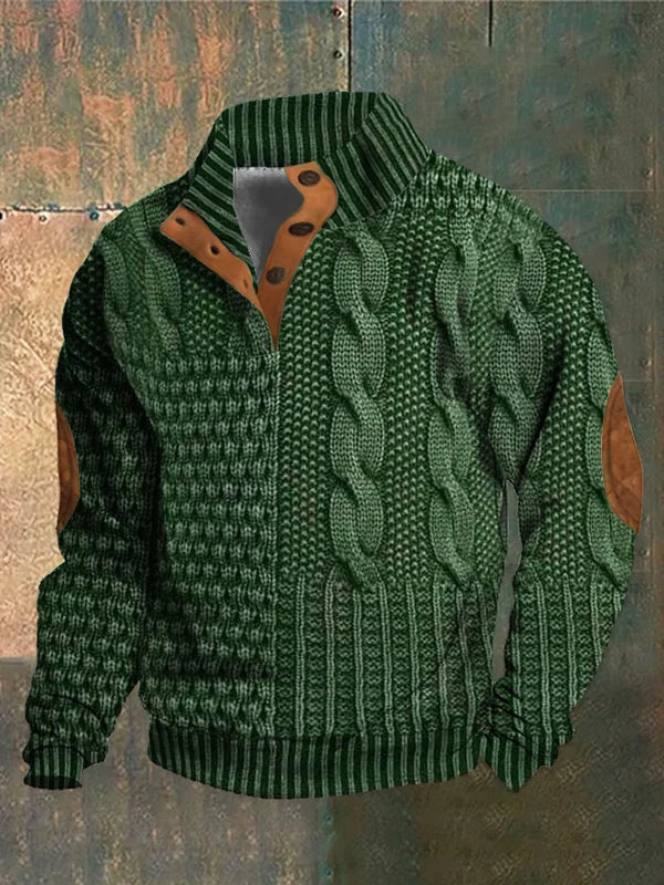 Norweger Pullover Herren mit 3D-Druck, Stehkragen und Knopfleiste