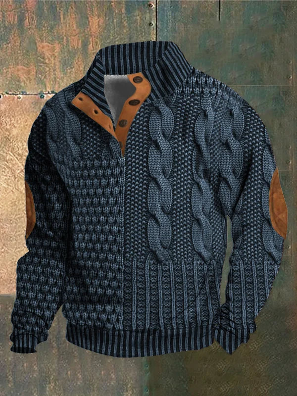 Norweger Pullover Herren mit 3D-Druck, Stehkragen und Knopfleiste