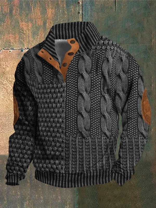 Norweger Pullover Herren mit 3D-Druck, Stehkragen und Knopfleiste