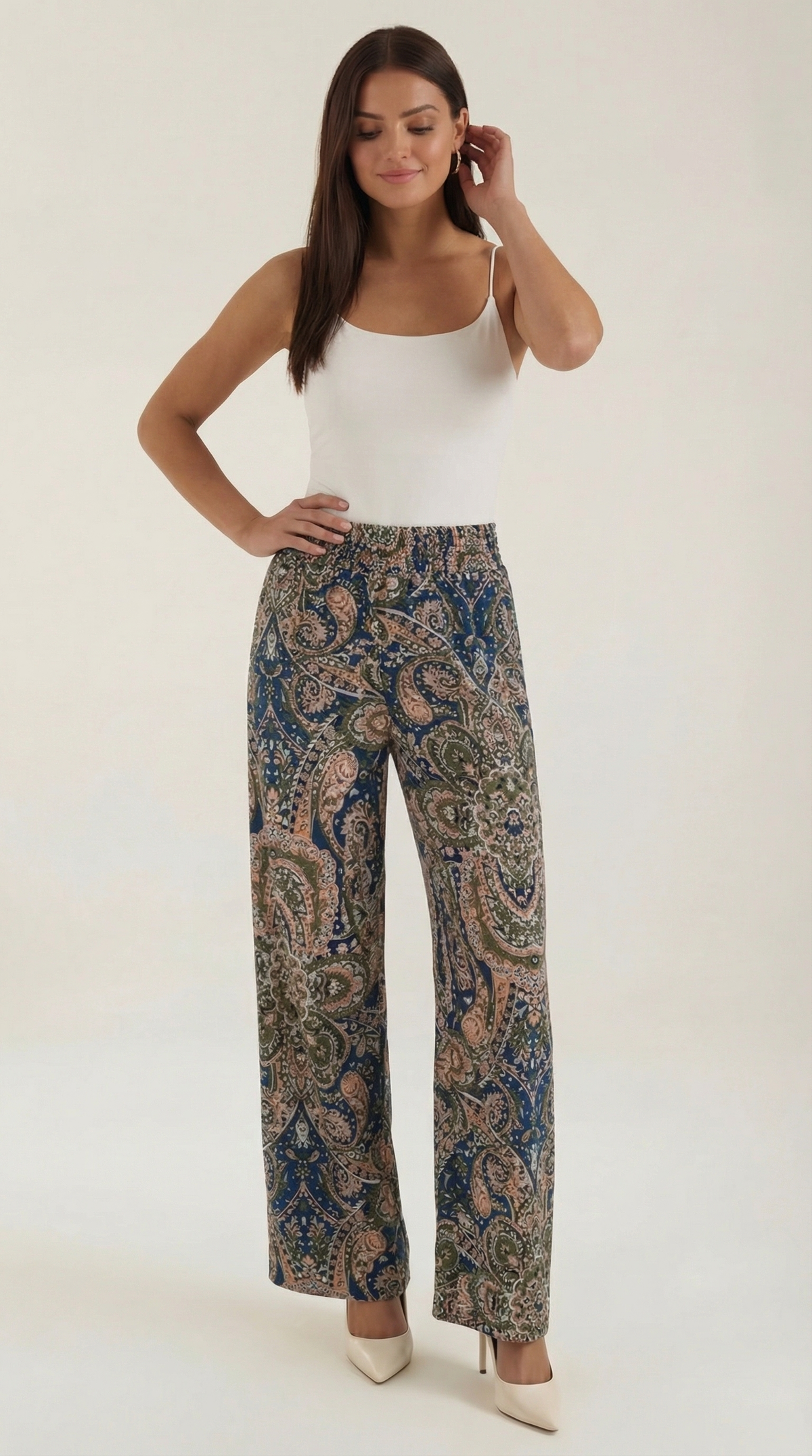 Weite Hose mit Paisleymuster und Gummibund für Damen - Blau