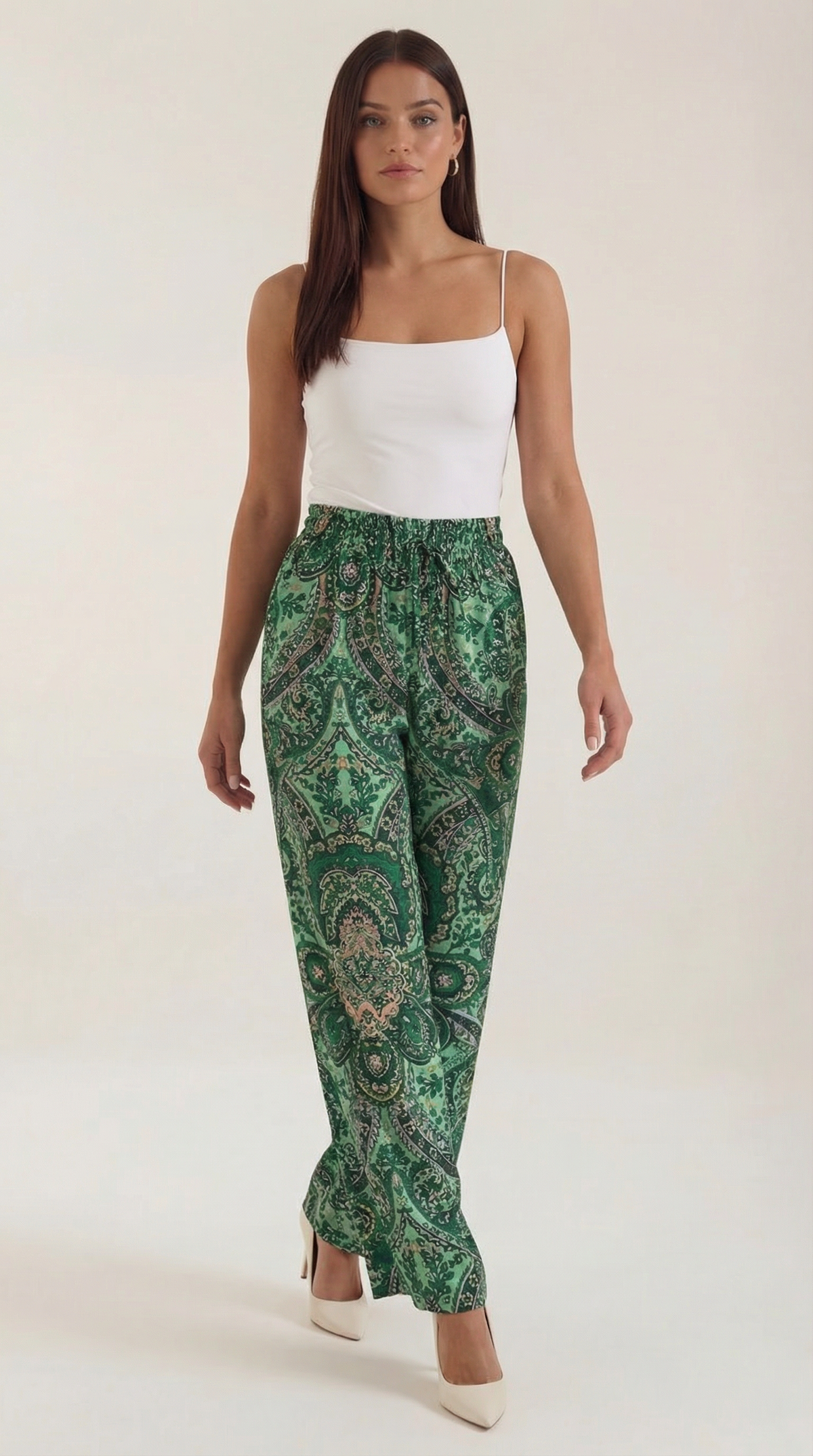 Weite Hose mit Paisleymuster und Gummibund für Damen - Grün