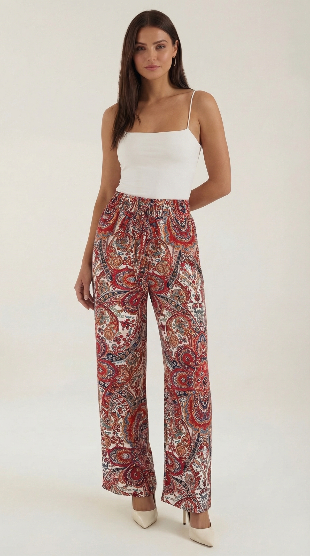 Weite Hose mit Paisleymuster und Gummibund für Damen - Rot