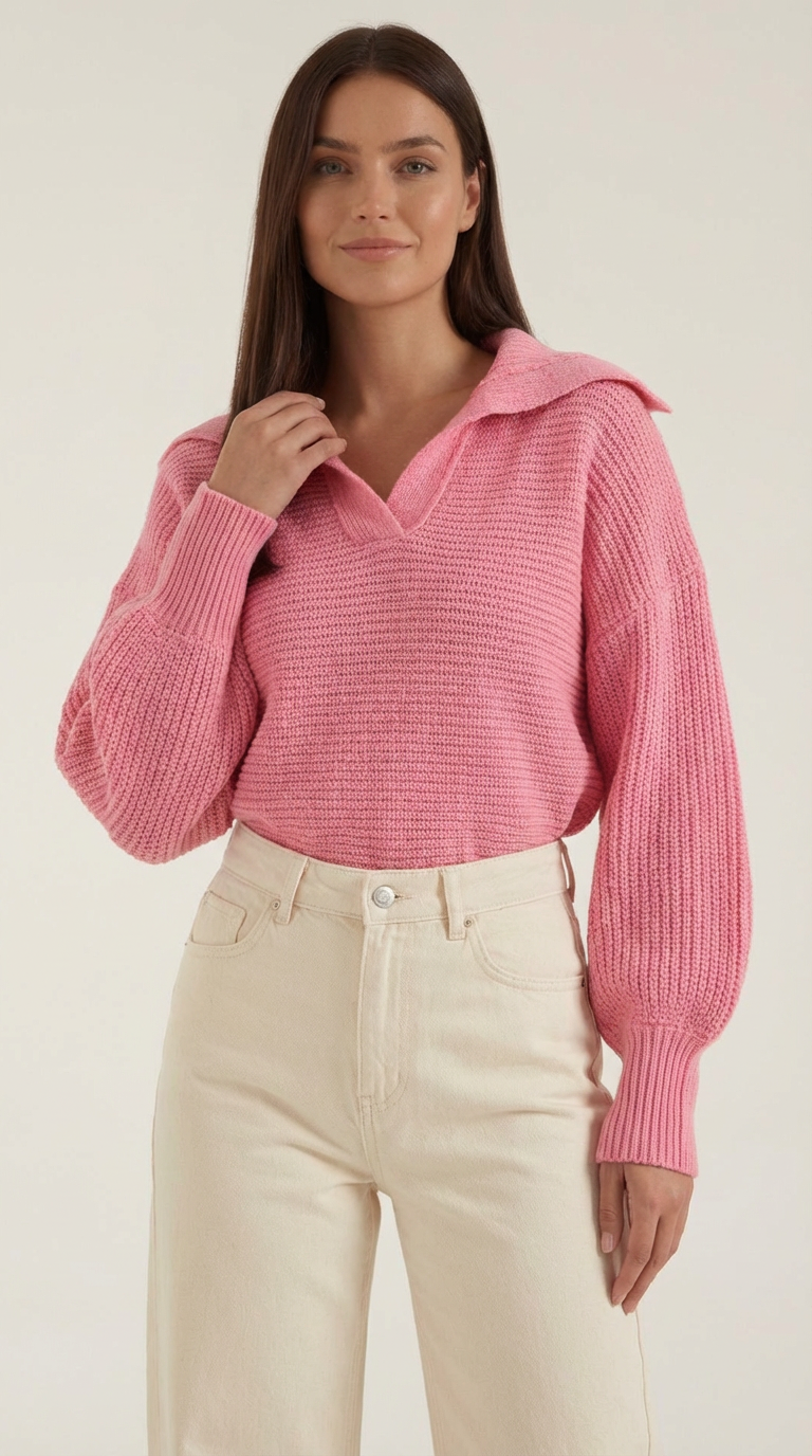 Pullover aus Grobstrick mit offenem Kragen und Ballonärmeln für Damen
