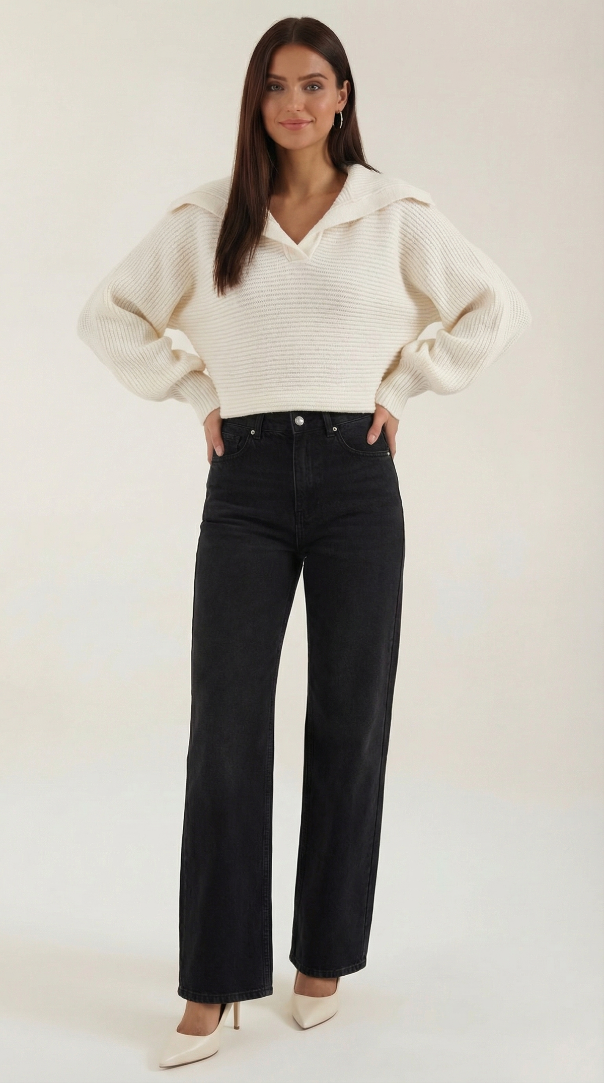 Pullover aus Grobstrick mit offenem Kragen und Ballonärmeln für Damen - Weiss