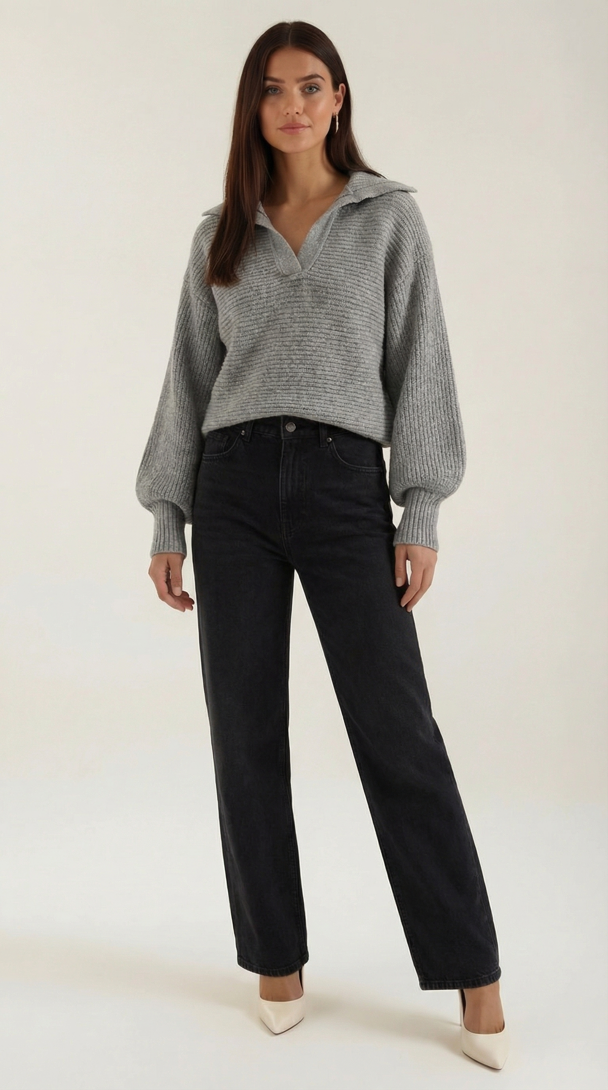 Pullover aus Grobstrick mit offenem Kragen und Ballonärmeln für Damen - Grau