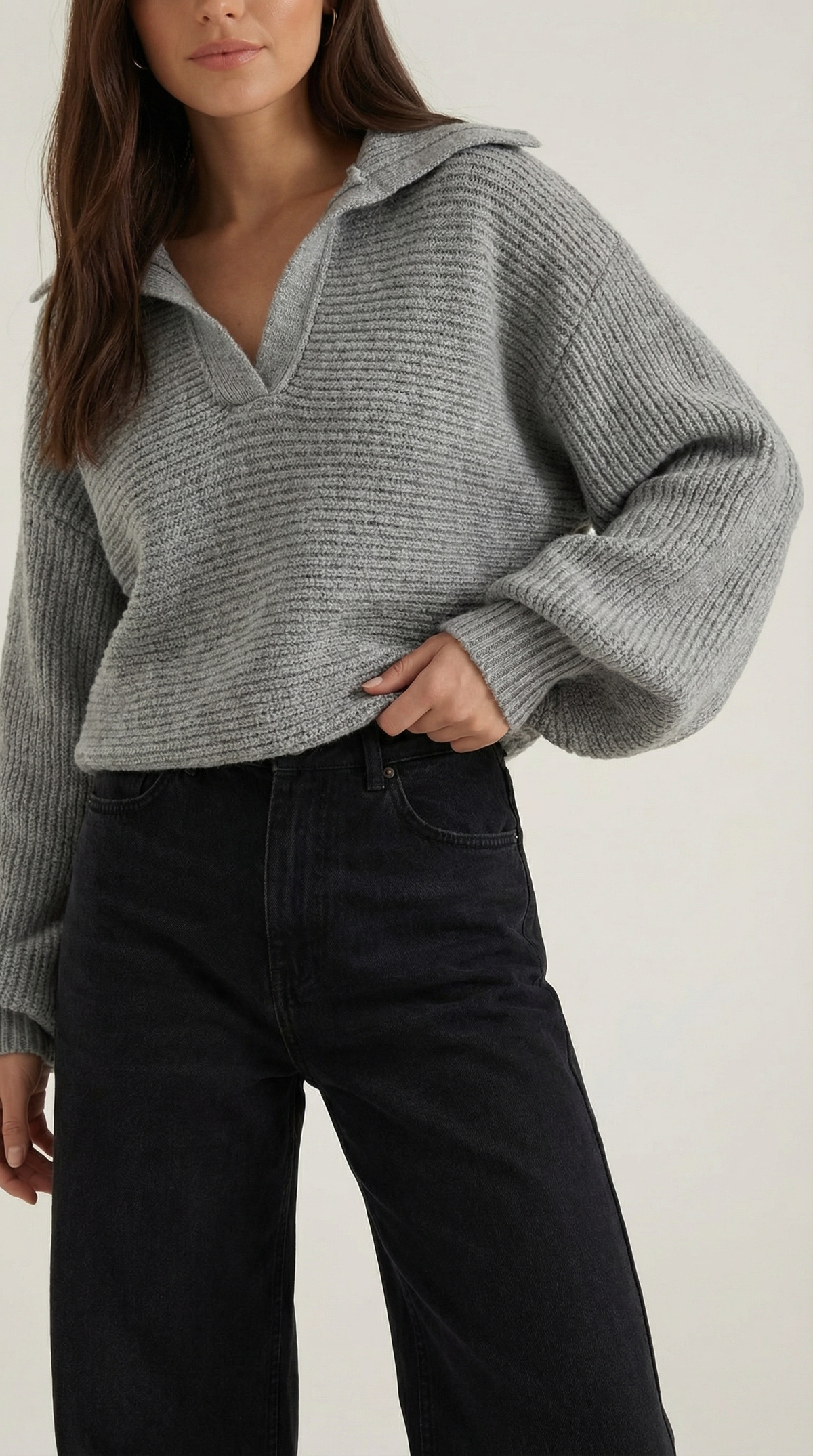 Pullover aus Grobstrick mit offenem Kragen und Ballonärmeln für Damen