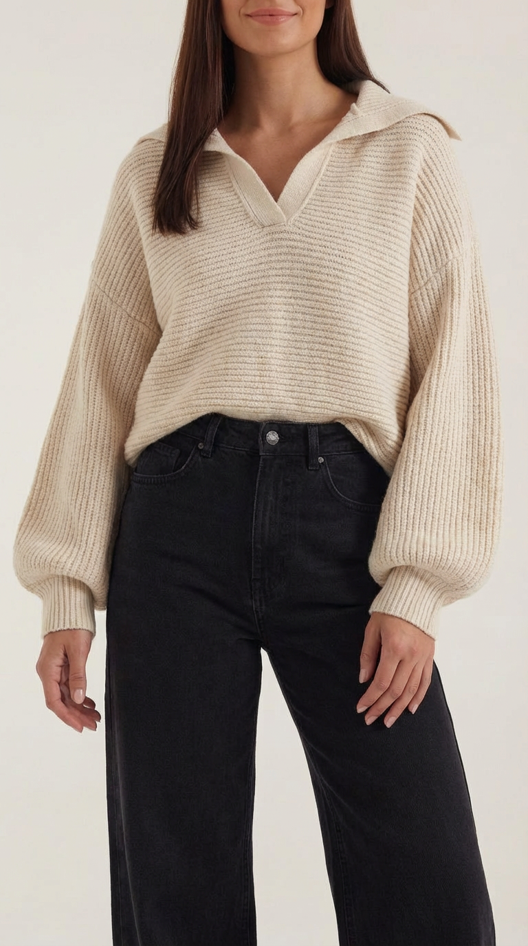 Pullover aus Grobstrick mit offenem Kragen und Ballonärmeln für Damen