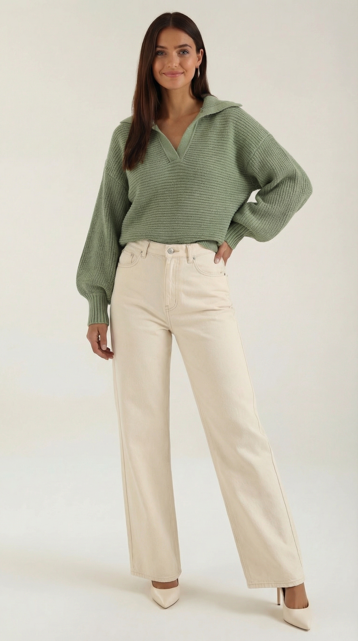 Pullover aus Grobstrick mit offenem Kragen und Ballonärmeln für Damen - Grün