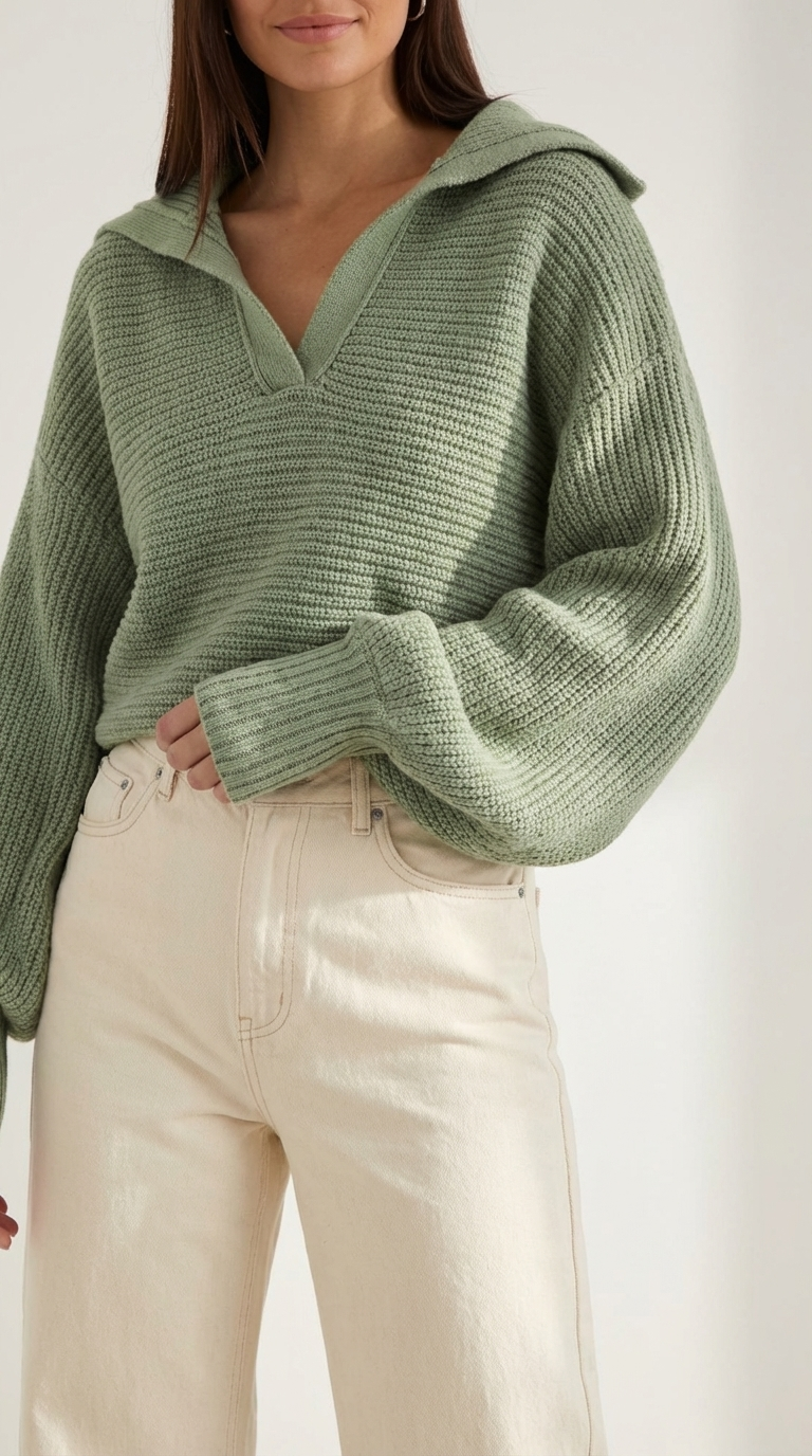 Pullover aus Grobstrick mit offenem Kragen und Ballonärmeln für Damen