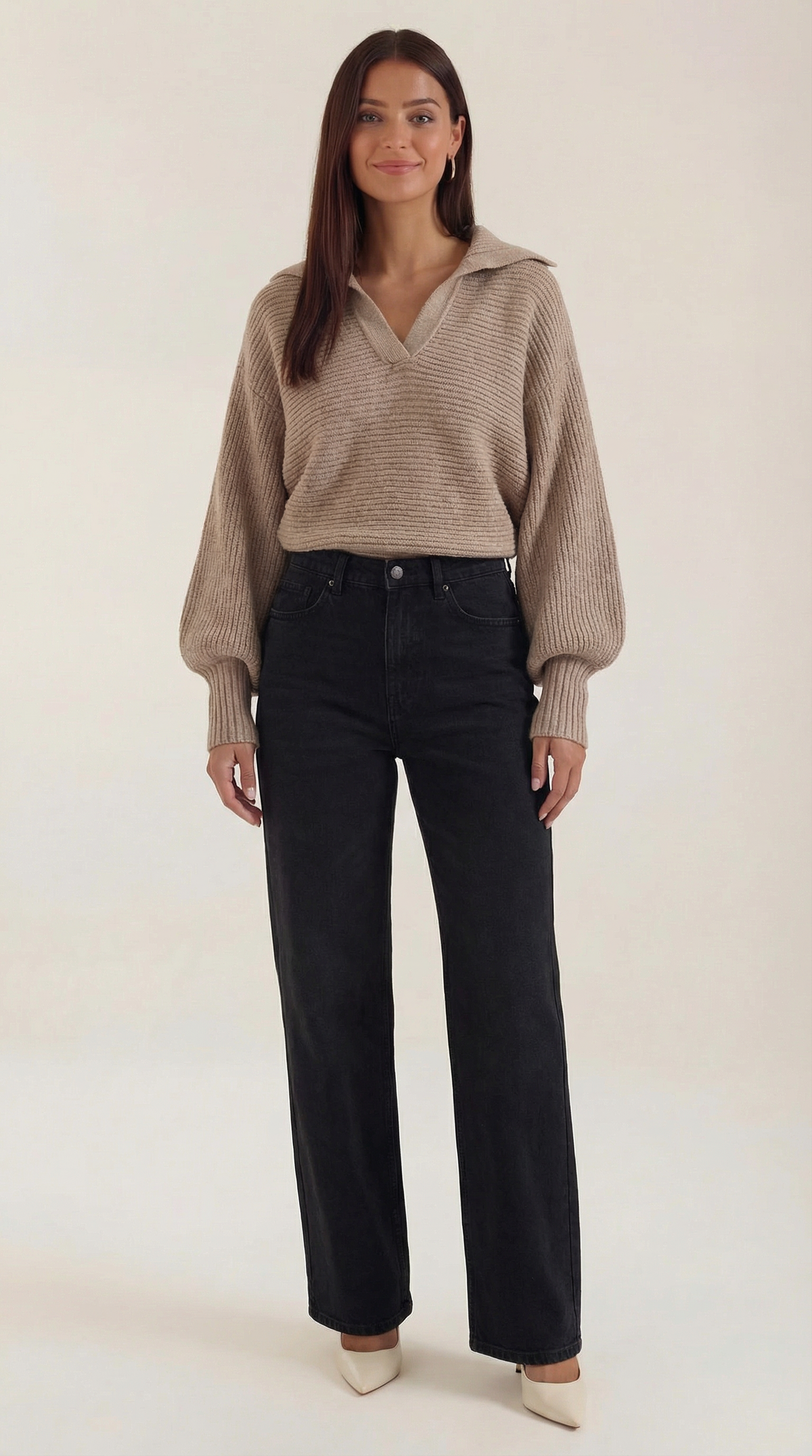 Pullover aus Grobstrick mit offenem Kragen und Ballonärmeln für Damen