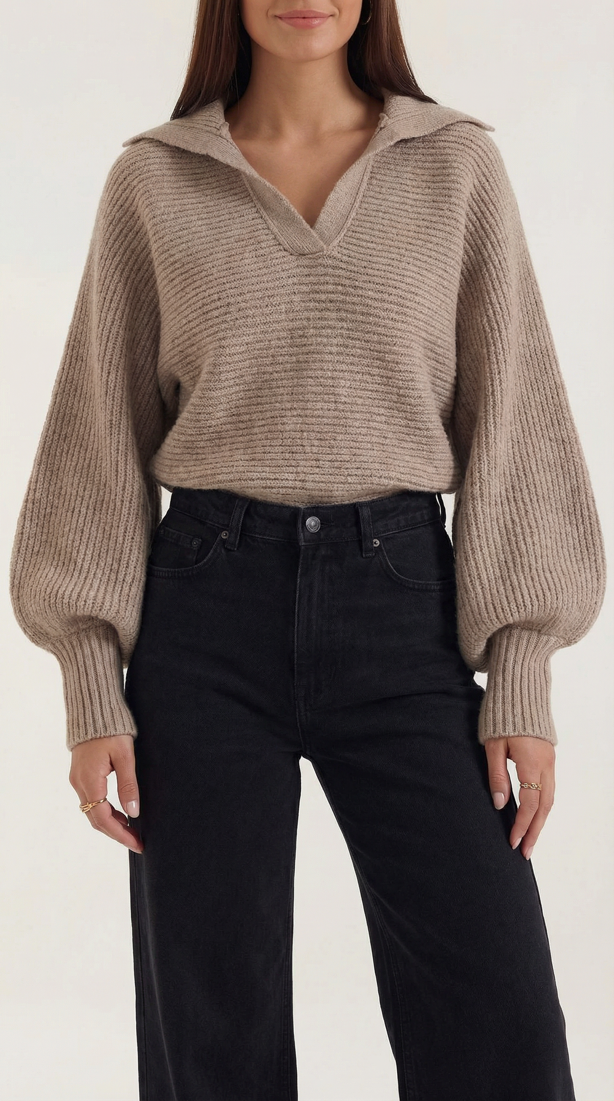 Pullover aus Grobstrick mit offenem Kragen und Ballonärmeln für Damen