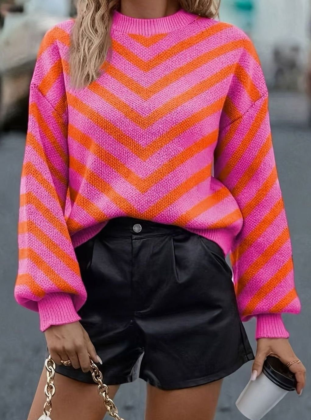 Pullover mit Chevron-Streifen und Puffärmeln