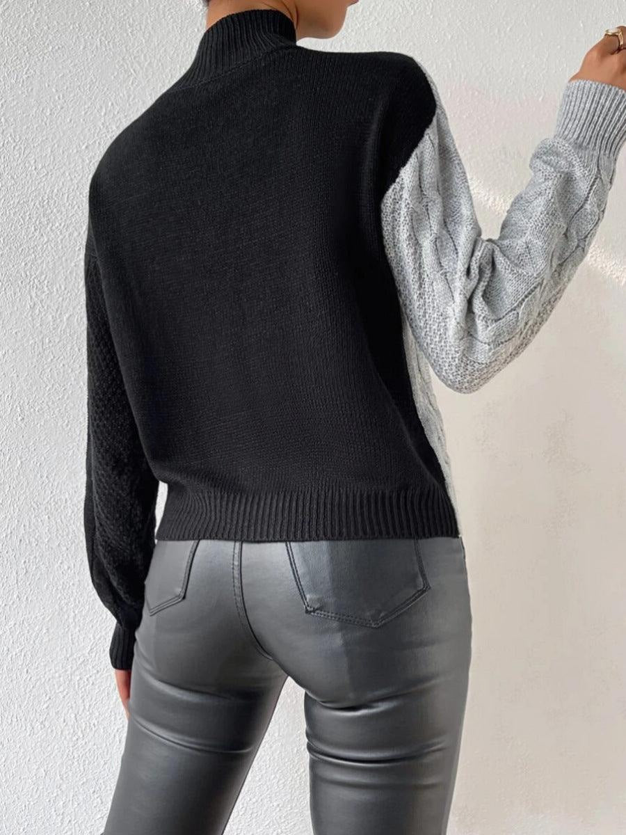 Strickpullover mit Zopfstruktur, Colourblock und Stehkragen