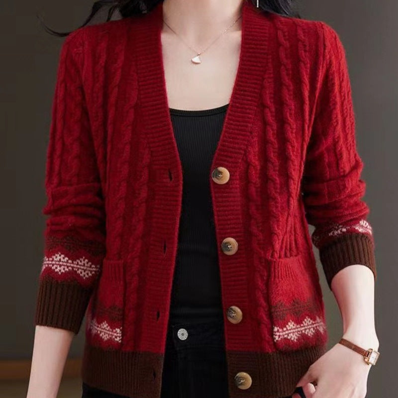Strickjacke mit Zopfmuster, Fair-Isle-Bordüre und V-Ausschnitt