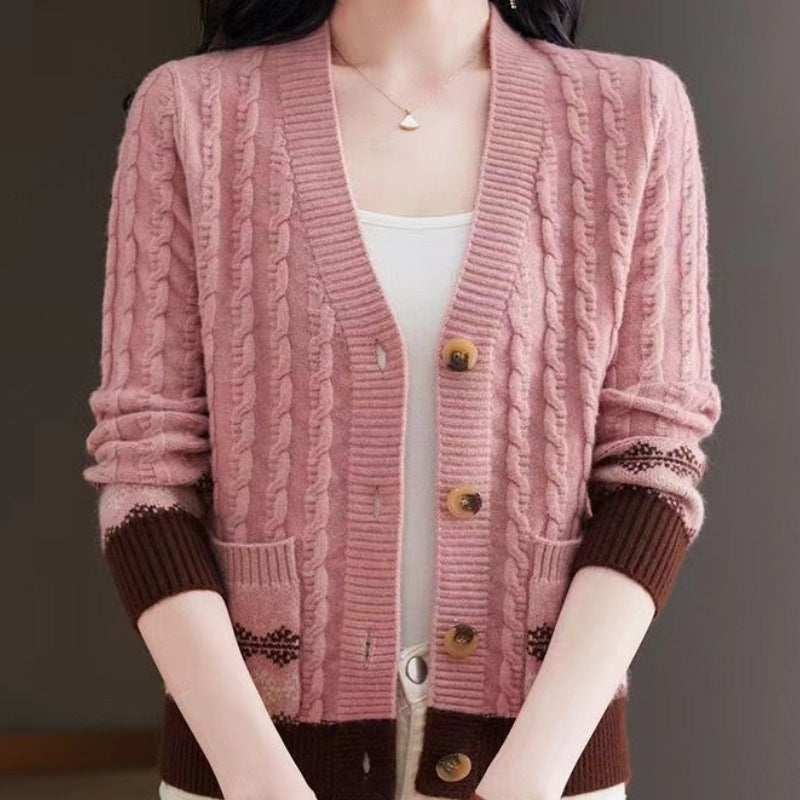 Strickjacke mit Zopfmuster, Fair-Isle-Bordüre und V-Ausschnitt