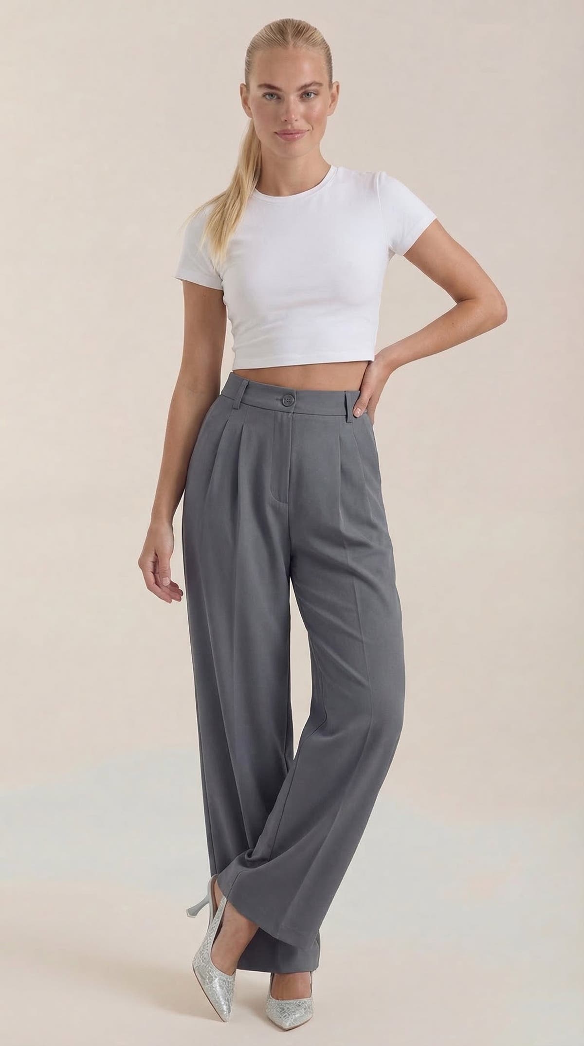 Stoffhose mit hohem Bund, Bundfalten und weitem Bein für Damen - Grau