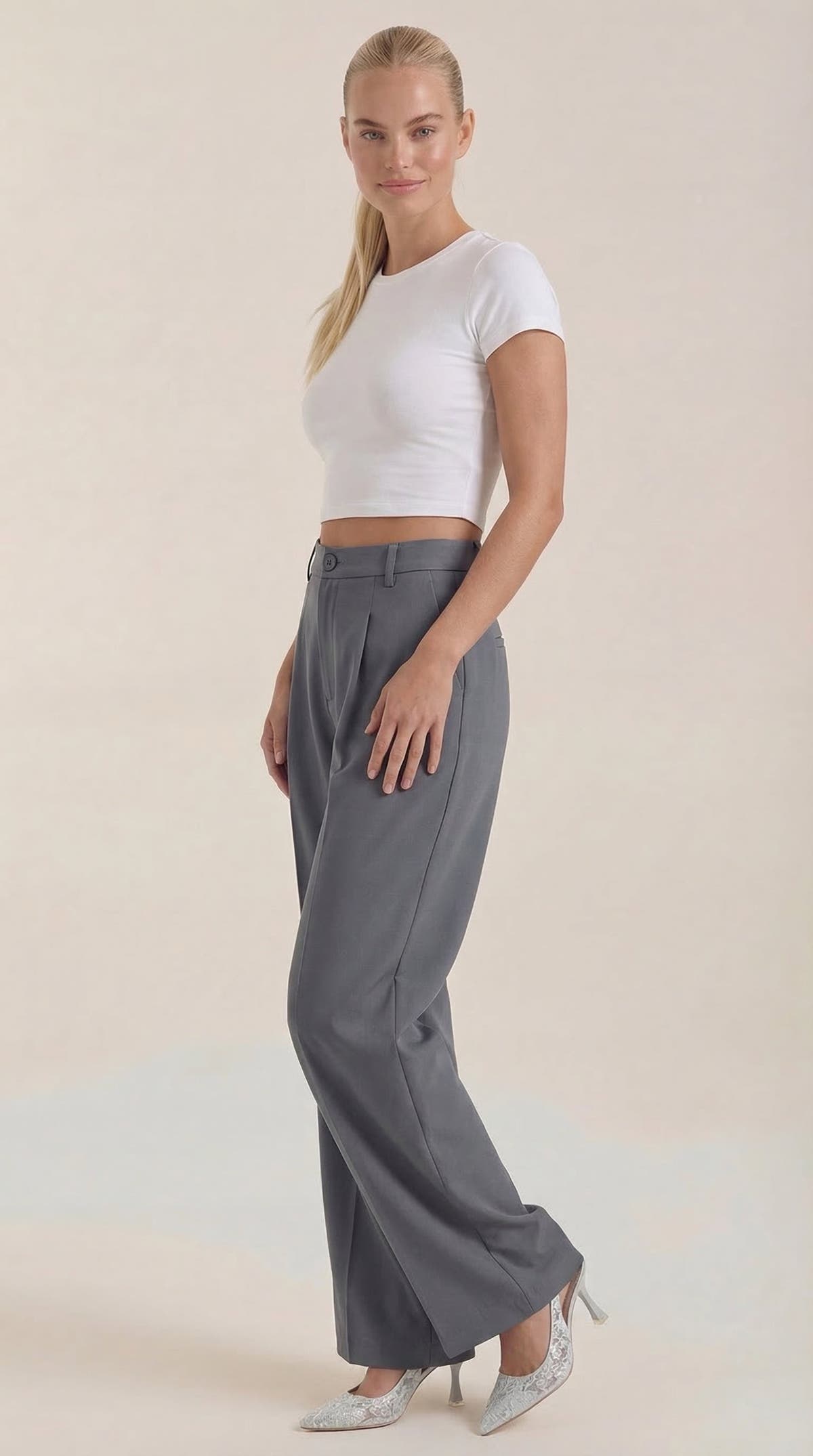 Stoffhose mit hohem Bund, Bundfalten und weitem Bein für Damen