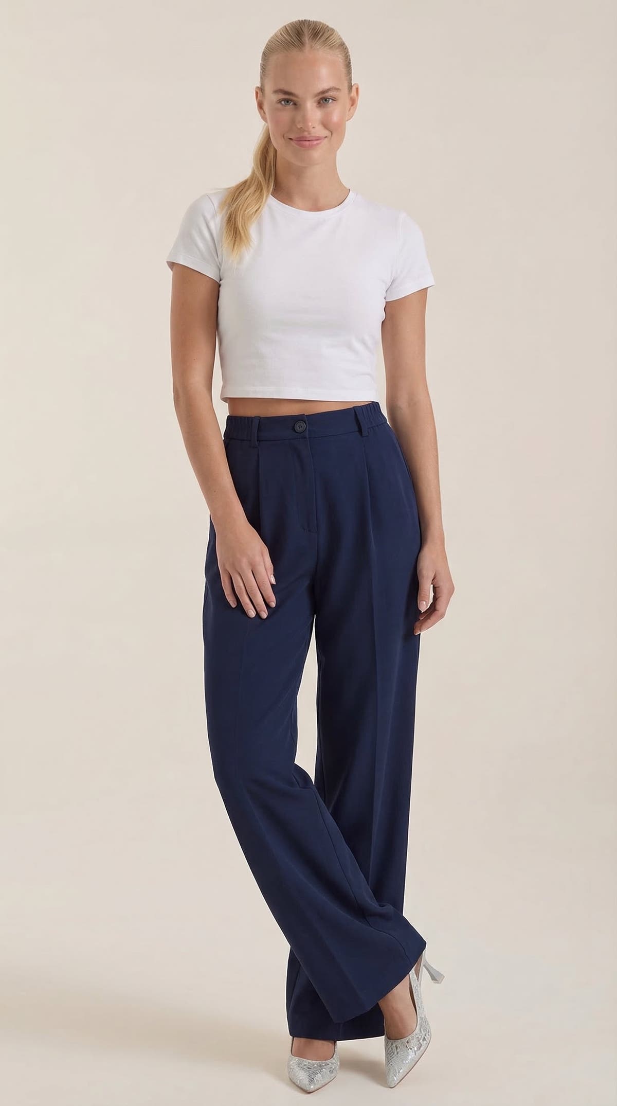 Stoffhose mit hohem Bund, Bundfalten und weitem Bein für Damen - Marine