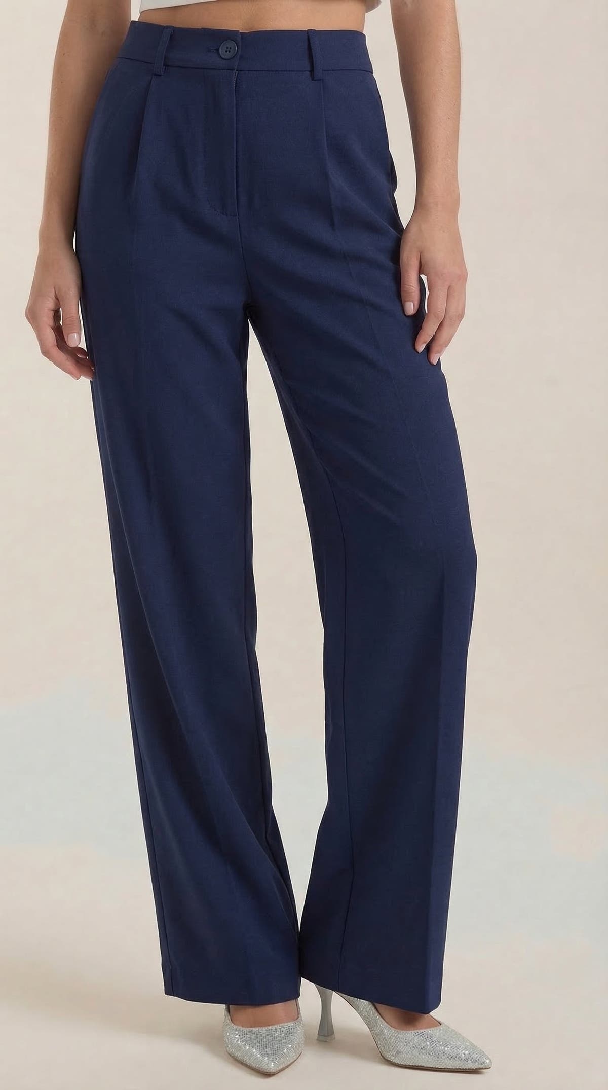 Stoffhose mit hohem Bund, Bundfalten und weitem Bein für Damen