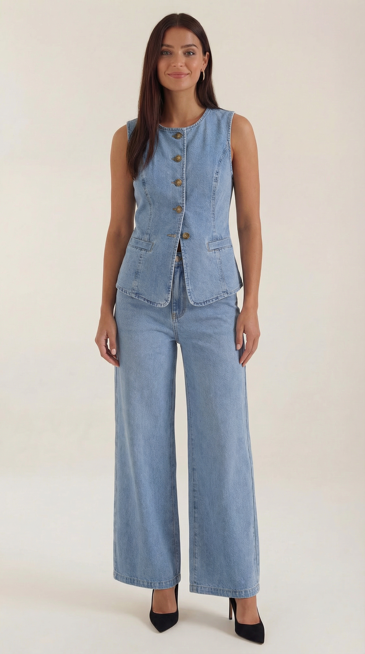 Zweiteiler aus Denim mit Weste und weiter Hose für Damen - Blau