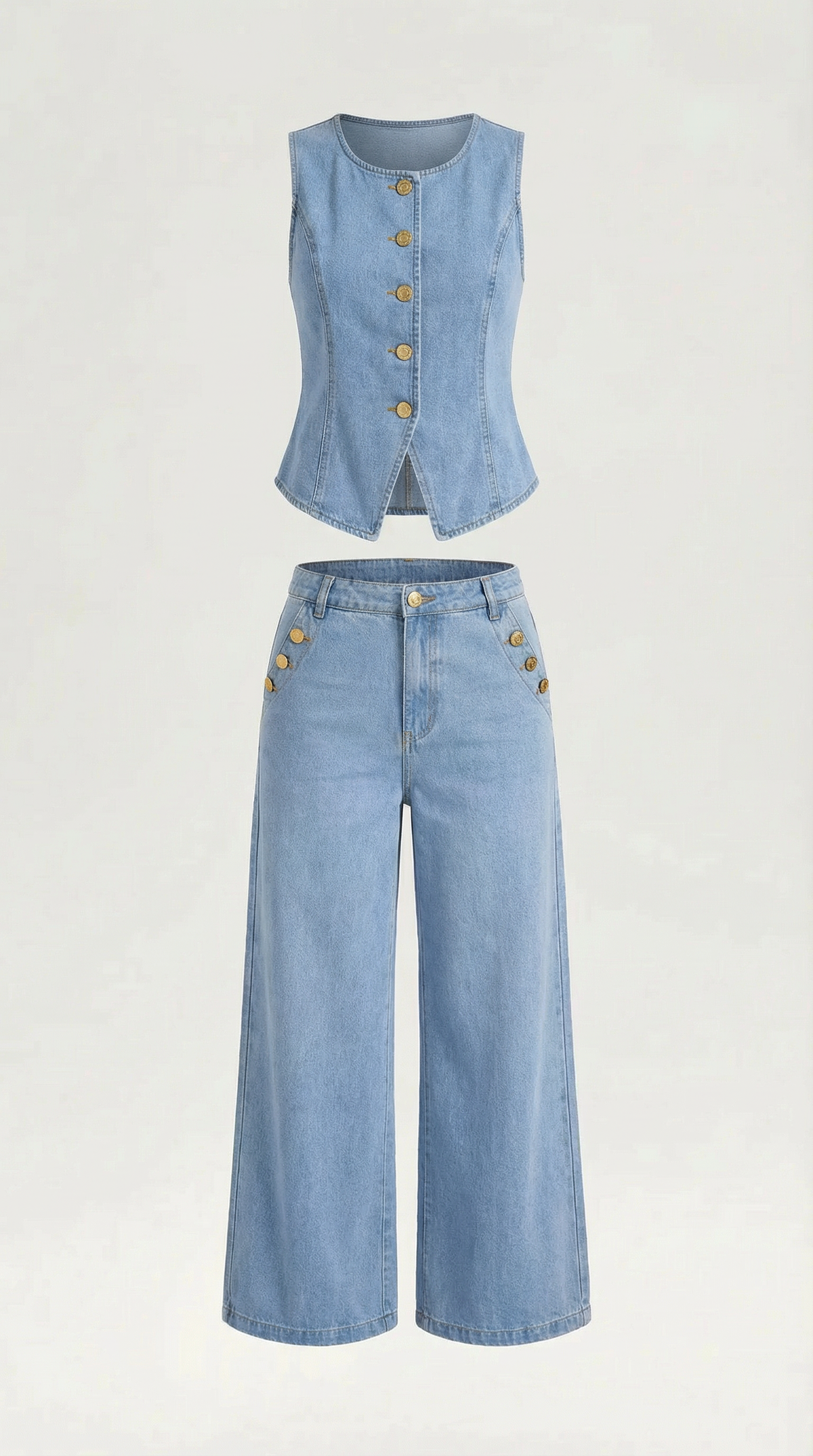 Zweiteiler aus Denim mit Weste und weiter Hose für Damen