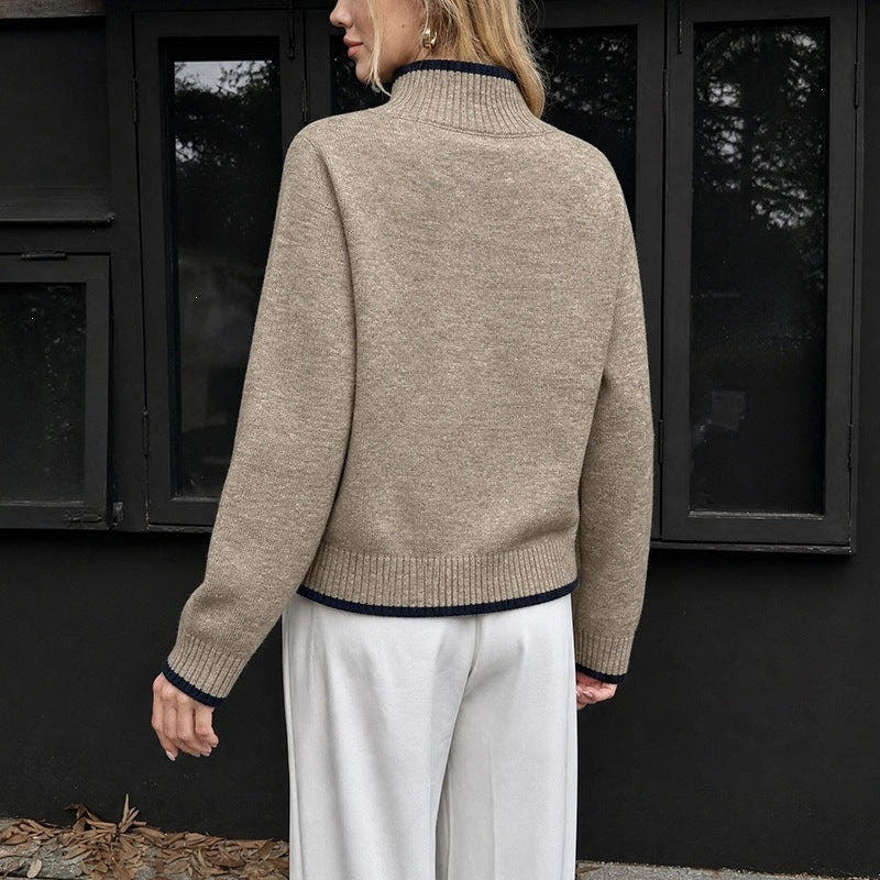 Rollkragenpullover Damen aus Feinstrick, locker mit Kontrastkanten