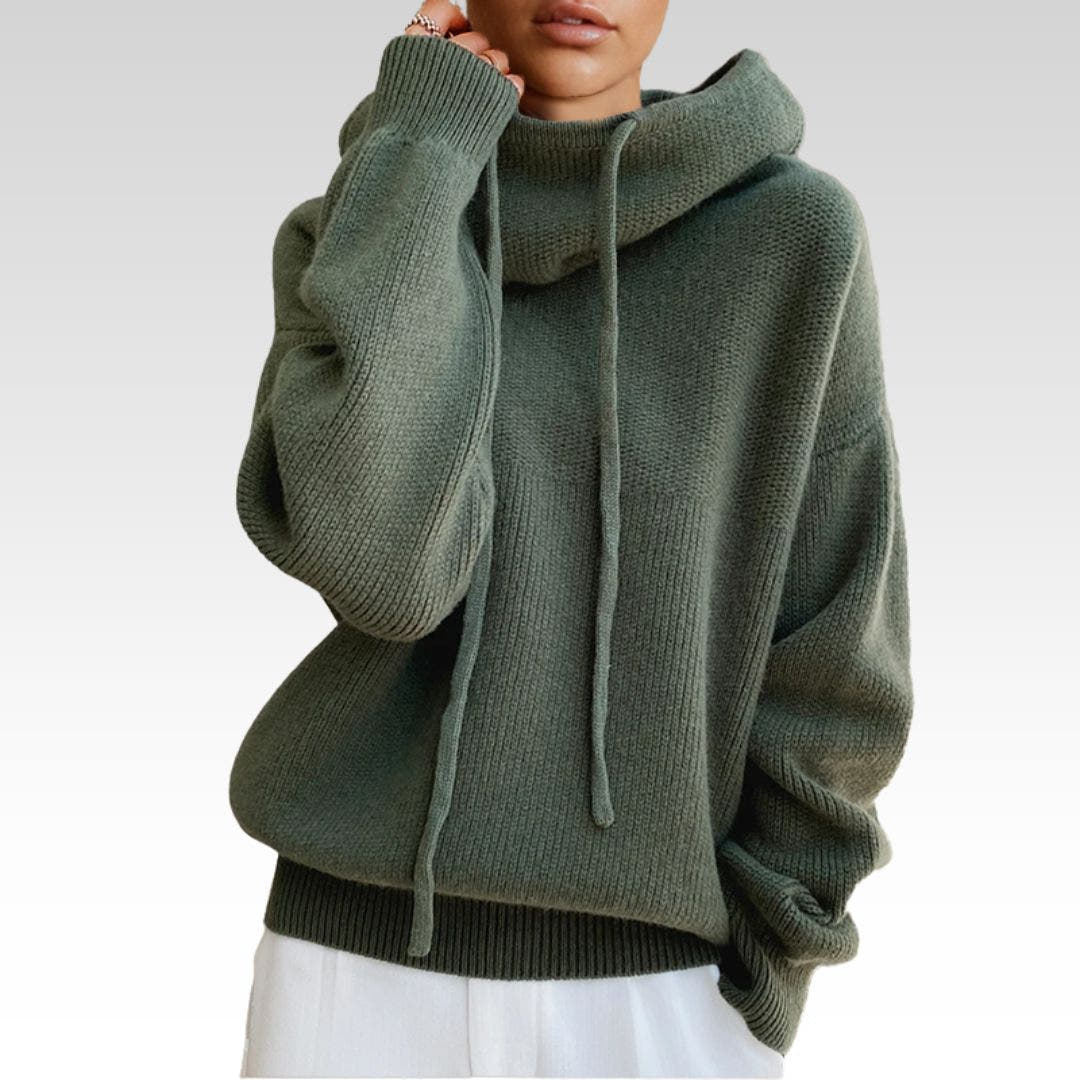 Rollkragenpullover Damen aus Merinowolle, Oversize mit Kapuze