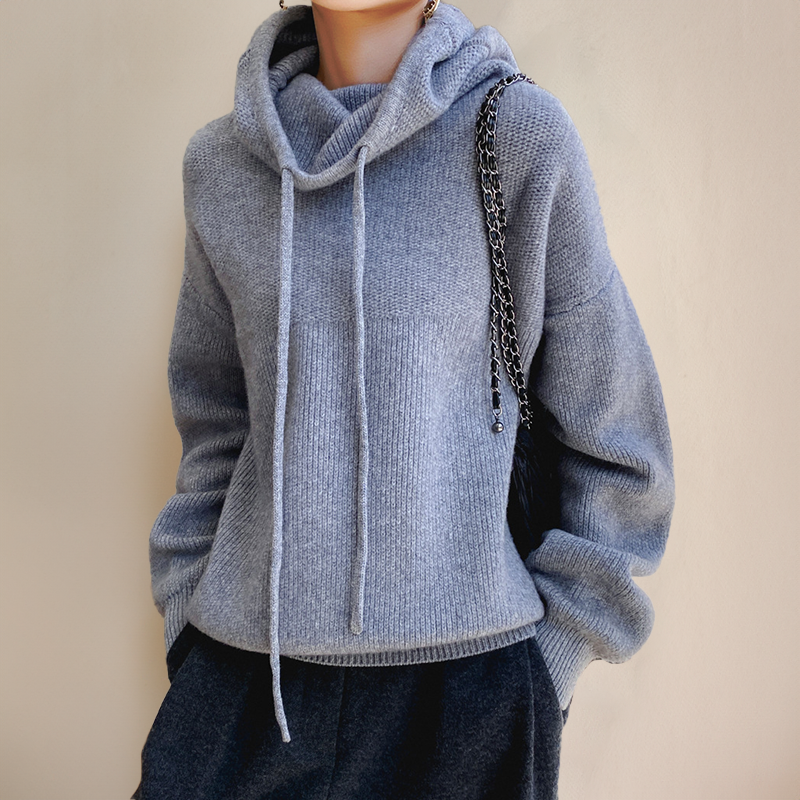 Rollkragenpullover Damen aus Merinowolle, Oversize mit Kapuze