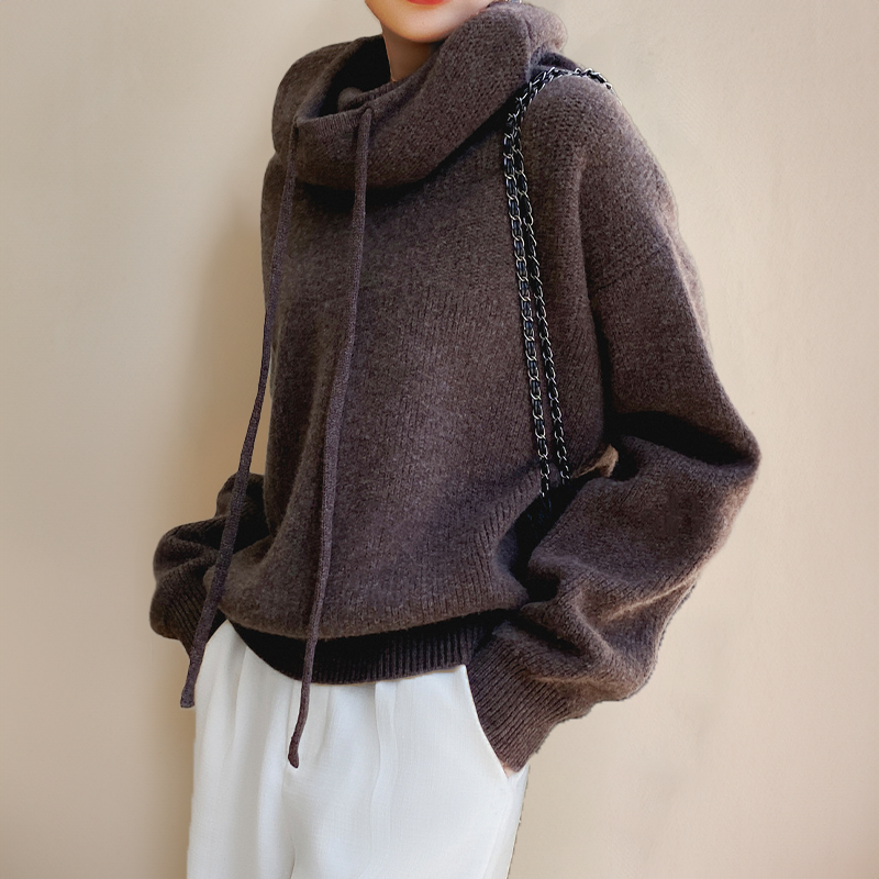 Rollkragenpullover Damen aus Merinowolle, Oversize mit Kapuze