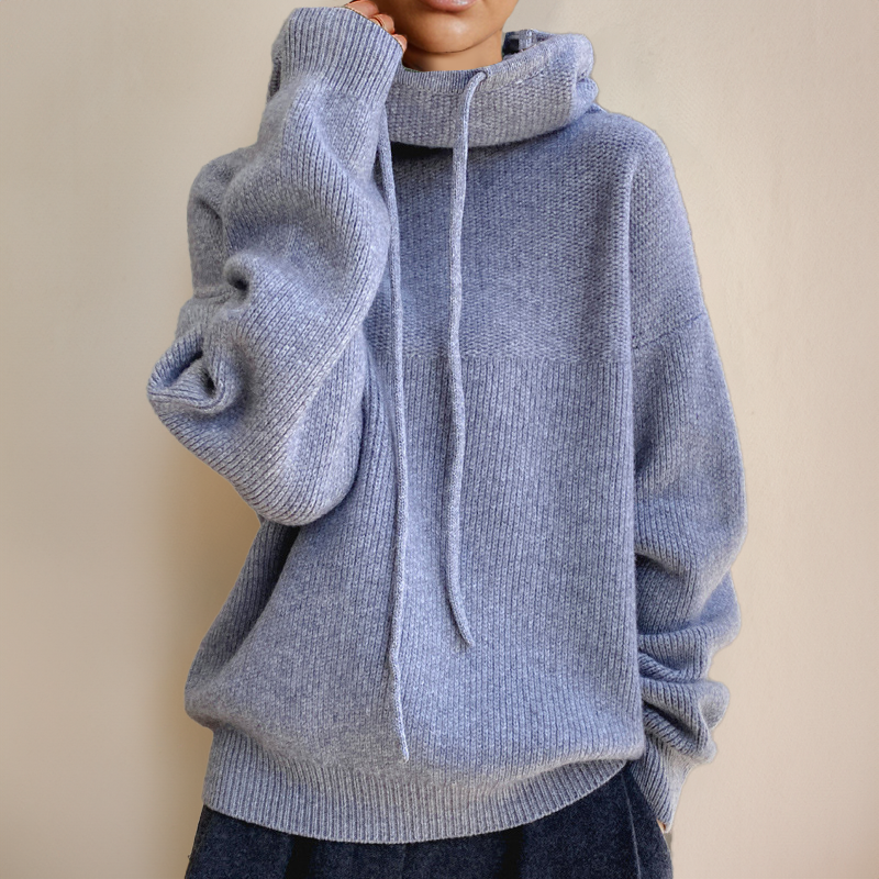 Rollkragenpullover Damen aus Merinowolle, Oversize mit Kapuze
