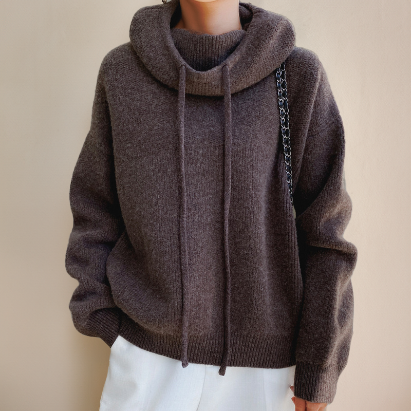 Rollkragenpullover Damen aus Merinowolle, Oversize mit Kapuze