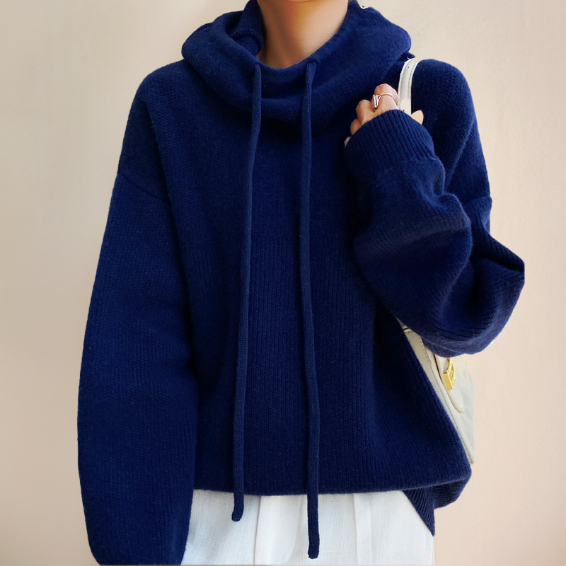 Rollkragenpullover Damen aus Merinowolle, Oversize mit Kapuze