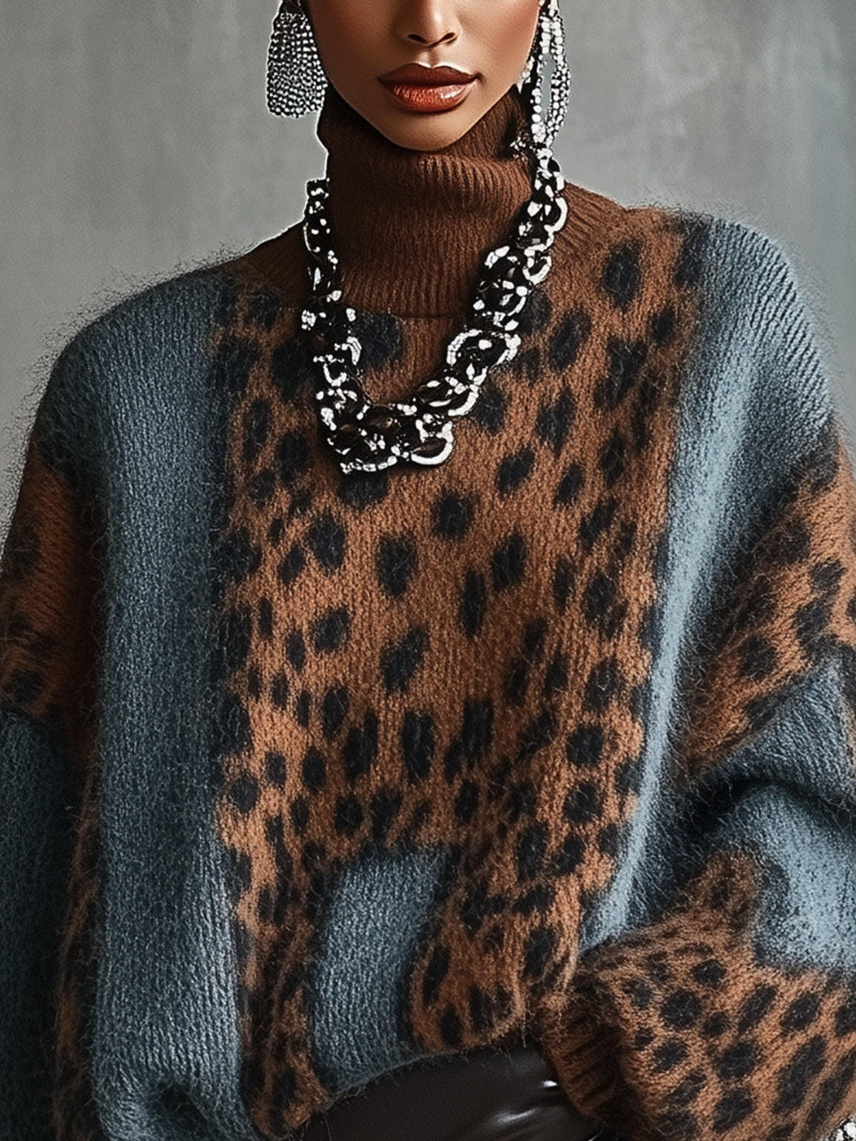 Rollkragenpullover Damen aus Strick, Oversize mit Leopardenmuster