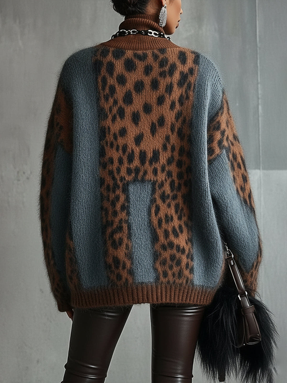 Rollkragenpullover Damen aus Strick, Oversize mit Leopardenmuster